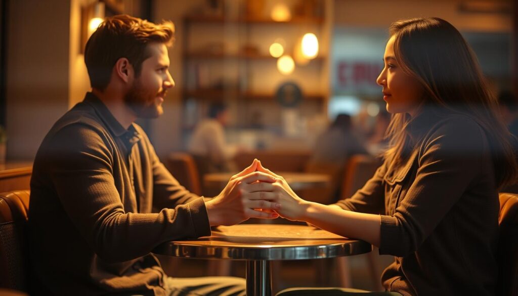 A cozy café setting, two people sitting across a small round table, engaged in an intimate conversation. The lighting is soft and warm, casting a golden glow that creates a sense of intimacy and trust. The foreground features the couple's hands clasped together, symbolizing the connection and vulnerability within their relationship. In the middle ground, their facial expressions convey a mix of openness, empathy, and a hint of caution, reflecting the nuanced nature of their interaction. The background is blurred, with subtle visual cues hinting at the everyday context of their meeting, but not distracting from the focus on the couple's exchange. The overall atmosphere evokes a mood of cautious optimism, suggesting the fragile balance between authentic connection and the potential for manipulation.