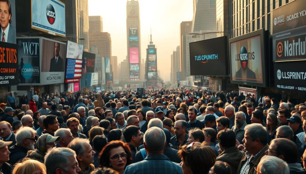 A crowded public square in a bustling American city, the foreground dominated by a diverse group of people engaged in animated discussion. Their faces reflect a range of emotions - some passionate, others confused or distrustful. In the middle ground, various media outlets broadcast their messages, their logos and headlines vying for attention. The background is a hazy, distorted landscape, suggestive of the overwhelming barrage of information and the blurring of truth. The scene is illuminated by a warm, golden light, lending it an almost cinematic quality, yet the atmosphere is tense and unsettling, hinting at the underlying tensions and the potential for division.
