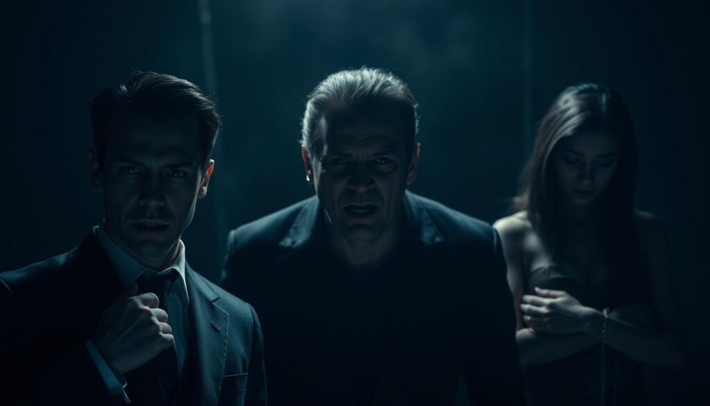 A dark and moody scene of three distinct "manipulator archetypes" against a shadowy backdrop. In the foreground, a charming and charismatic figure, radiating false warmth and inviting trust. In the middle ground, a calculating and cunning individual, eyes narrowed with predatory intent. In the background, a seemingly vulnerable but manipulative persona, using feigned weakness to elicit sympathy and control. Dramatic, high-contrast lighting casts sharp shadows, creating an ominous atmosphere. The figures are rendered in a semi-realistic style, conveying the human complexity of these archetypal manipulators.