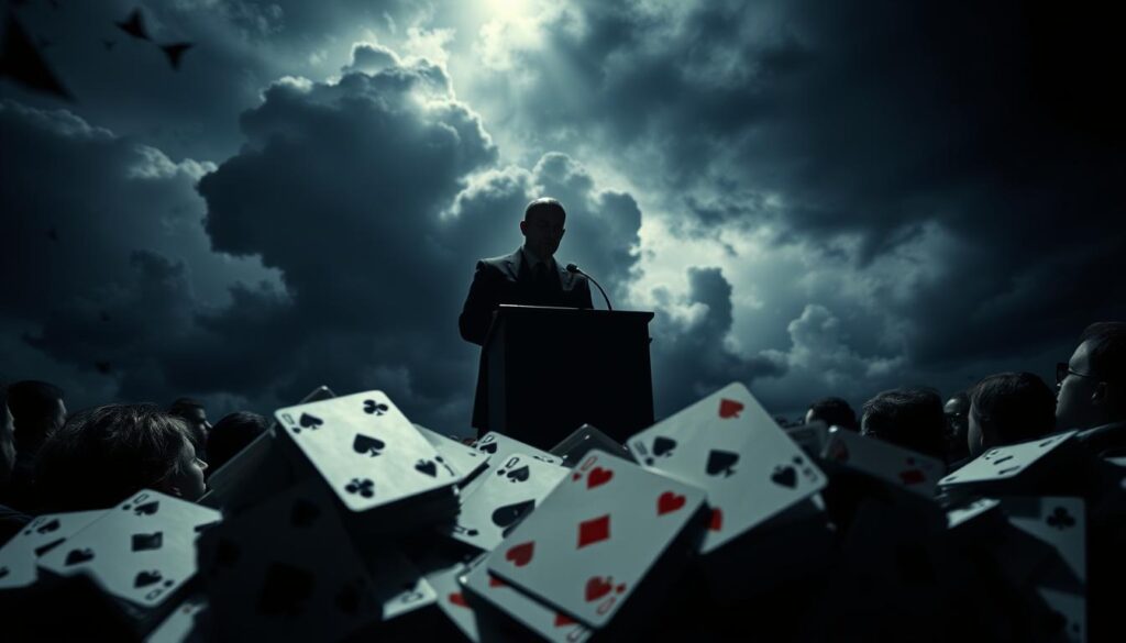 A dark, foreboding scene of a shadowy figure standing at a podium, looming over a crowd of people. The figure's face is obscured, casting a sinister, authoritarian presence. In the foreground, a scattered array of playing cards, representing the "loyalty playbook" of manipulation and control. In the background, ominous storm clouds gather, heightening the sense of fear and unease. Dramatic chiaroscuro lighting casts dramatic shadows, emphasizing the power dynamics at play. The overall atmosphere is one of unease, as if the audience is trapped in the manipulator's grip. A wide-angle, low perspective shot to amplify the imposing nature of the figure.