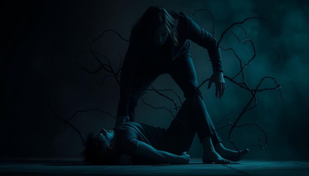 A dark, imposing figure looms over a smaller, cowering individual, their body language and expressions conveying a sense of control and dominance. Shadowy tendrils of manipulation seem to emanate from the dominant figure, ensnaring and constraining the victim. The background is a hazy, oppressive atmosphere, with muted colors and a sense of unease, emphasizing the cycle of power and subjugation. Dramatic lighting casts harsh shadows, accentuating the power dynamics at play. The scene is rendered with a cinematic, almost ominous quality, inviting the viewer to ponder the complexities of manipulation and the struggle to break free.