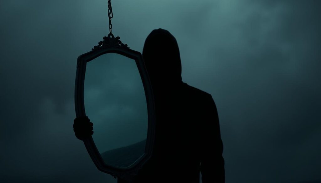 A dark, shadowy figure stands in the center, their face partially obscured, casting an ominous presence. In the foreground, a distorted mirror reflects a fragmented, distorted image - a metaphor for the narcissist's inability to see their true self. The background is a hazy, dreamlike landscape, hinting at the dissociation and disconnect from reality that characterizes narcissistic deflection. Soft, moody lighting casts deep shadows, creating an atmosphere of unease and manipulation. The composition is slightly off-center, conveying a sense of instability and unbalance. Overall, the image evokes the gaslighting and emotional abuse inherent in narcissistic deflection.