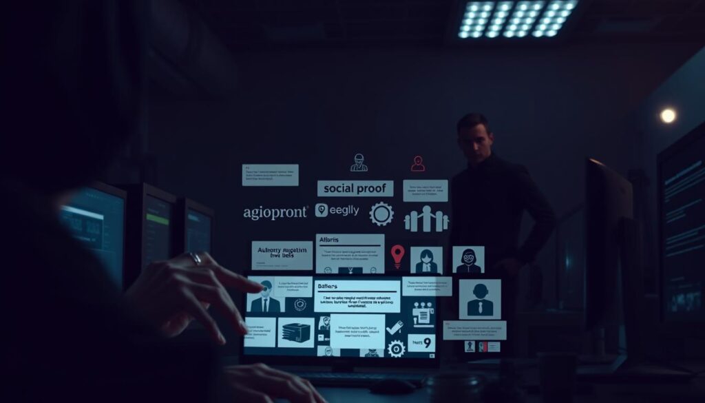 A darkened office space, illuminated by the soft glow of computer screens. In the foreground, a hacker's hands deftly manipulate social engineering tactics, exploiting human psychology to gain unauthorized access. The middle ground showcases a collage of persuasive techniques - emotive appeals, social proof, authority figures, and subtle deception. In the background, a shadowy figure observes the scene, a contemplative expression hinting at the defensive strategies required to thwart such insidious attacks. Cinematic lighting casts dramatic shadows, heightening the sense of unease and the high-stakes nature of this psychological battleground.