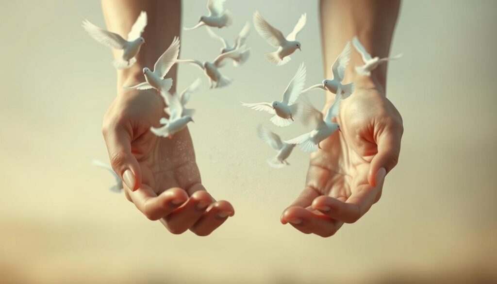 A delicate web of deceit, a subtle interplay of truth and fabrication. In the foreground, a pair of hands gently releasing a flock of pristine white doves, symbolic of the innocence and purity that white lies seek to preserve. The middle ground features a hazy, dreamlike quality, with the doves seemingly floating in a shimmering, ethereal space, hinting at the ephemeral nature of these deceptions. The background is a soft, muted palette, a serene landscape devoid of harsh lines or stark contrasts, creating a sense of tranquility that belies the underlying tension. Soft, diffused lighting casts a warm, almost nostalgic glow, suggesting the complex emotional landscape of white lies. The overall composition evokes a sense of fragility, inviting the viewer to contemplate the delicate balance between truth and subterfuge.