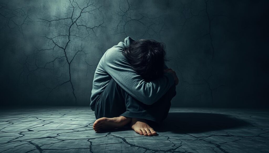 A despondent individual curled up in a defensive posture, surrounded by a hazy, dreary atmosphere. Harsh shadows cast across a cracked, worn-down backdrop, creating a sense of isolation and victimhood. The figure's face is obscured, conveying a lack of agency and a detached, resigned expression. Muted tones of gray, blue, and brown dominate the scene, reinforcing the melancholic mood. A subtle, distorted lens effect adds to the sense of distortion and disconnection from reality. The overall composition evokes a palpable feeling of helplessness, self-pity, and a perpetual cycle of perceived victimization.