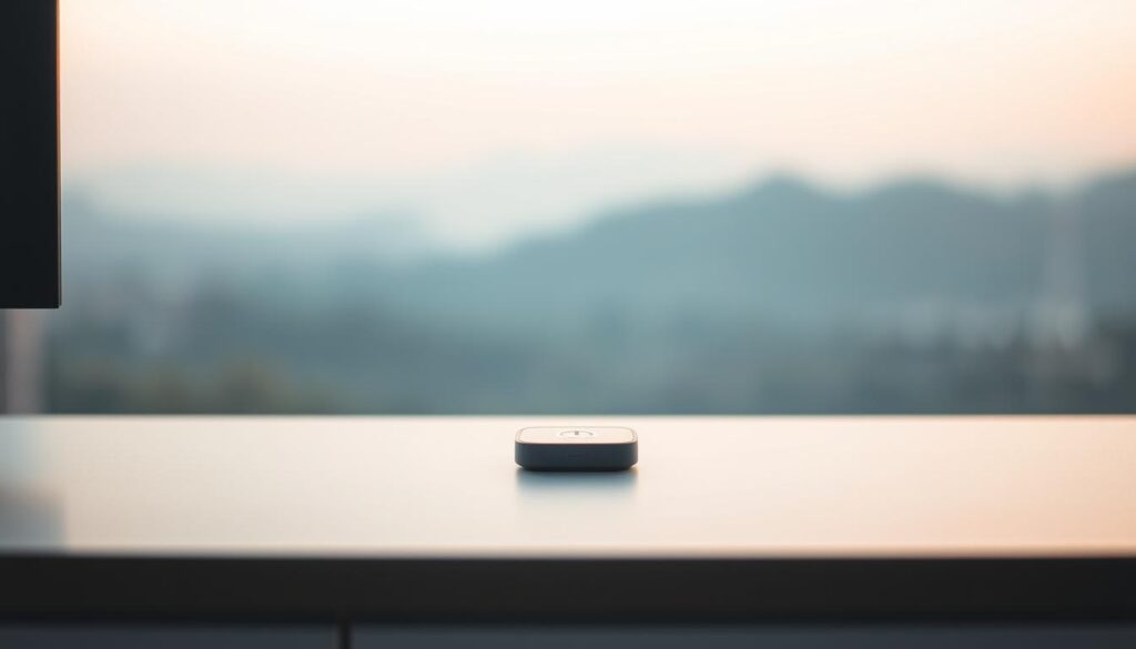 A digital device rests alone on a minimalist desk, its screen displaying a glowing power icon. The background is a serene, blurred landscape of soft hues, conveying a sense of disconnection and solitude. Diffused lighting from a window casts gentle shadows, creating an atmosphere of contemplation. The device appears small and insignificant, symbolizing the need to reclaim control and limit digital interference in one's life.