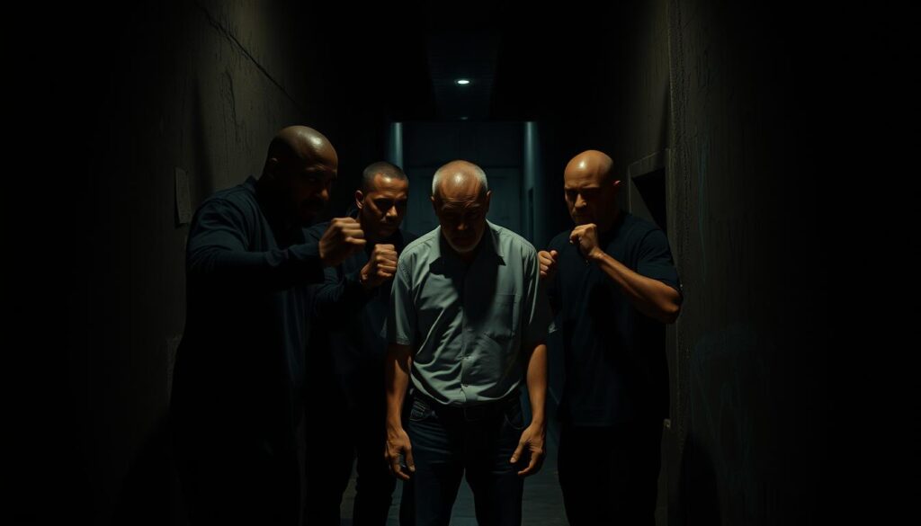 A dimly lit alleyway, shadows cast upon the walls, as a group of menacing figures surround a lone individual, their body language exuding a sense of dominance and control. The figures loom over their victim, their expressions twisted with malice, their hands clenched into fists, radiating a palpable aura of intimidation. The scene is captured through a gritty, high-contrast lens, creating a sense of unease and tension. The atmosphere is heavy, the air thick with a palpable sense of power imbalance and the impending threat of violence.