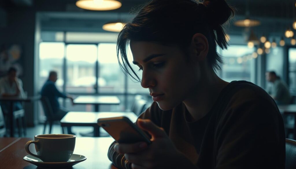 A dimly lit cafe, a table with a cup of lukewarm coffee and a smartphone, casting a glow on the face of a person lost in contemplation. Subtle glances at the screen, checking for updates, a sense of anxious anticipation. The atmosphere is heavy with the lingering feeling of being left on read, hints of attention slowly fading, a trail of digital breadcrumbs leading nowhere. Soft, moody lighting highlights the subject's pensive expression, the uncertainty and unease palpable in the scene. A wide, cinematic lens captures the isolation and disconnect, the subject framed against the blurred backdrop of an empty cafe, trapped in a cycle of craving validation that never arrives.