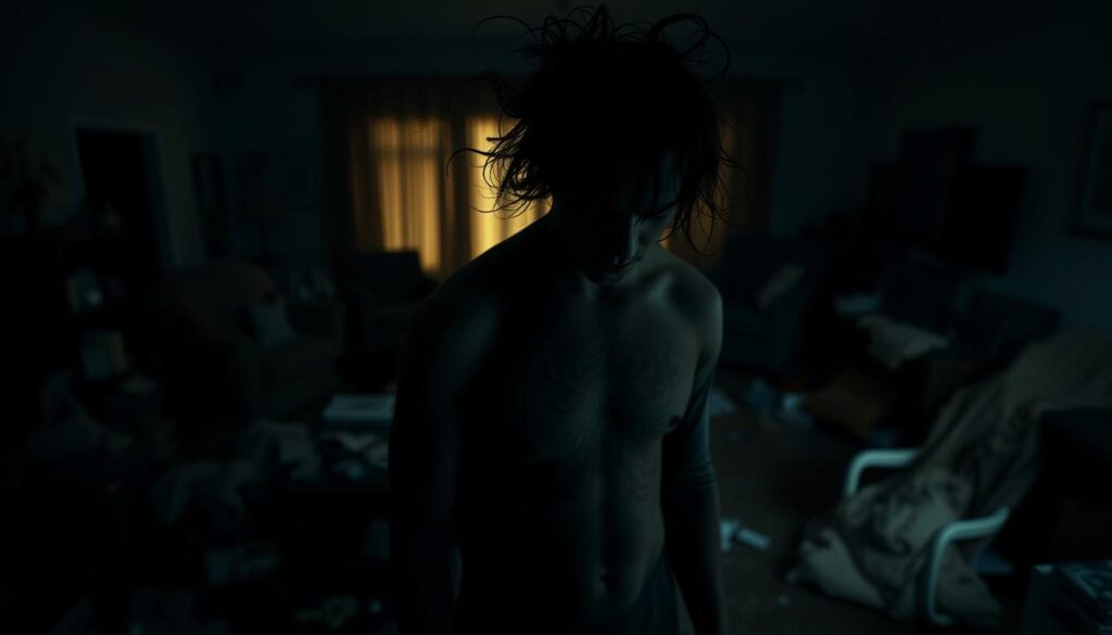 A dimly lit, chaotic scene depicting a person with a disorganized attachment style. In the foreground, the figure appears disheveled, their facial expression reflecting inner turmoil and uncertainty. Tendrils of dark energy seem to emanate from their body, creating a sense of instability and lack of control. In the middle ground, the environment is cluttered and disorderly, with scattered objects and haphazard furniture arrangements, mirroring the individual's fragmented emotional state. Shadows cast by the soft, moody lighting add to the sense of unease and emotional fragmentation. The background is blurred and obscured, hinting at a larger, unseen world that the individual struggles to navigate, further emphasizing their detachment and disconnection from a stable and coherent reality. The overall tone is one of anxiety, instability, and the vulnerability that comes with a disorganized attachment style.