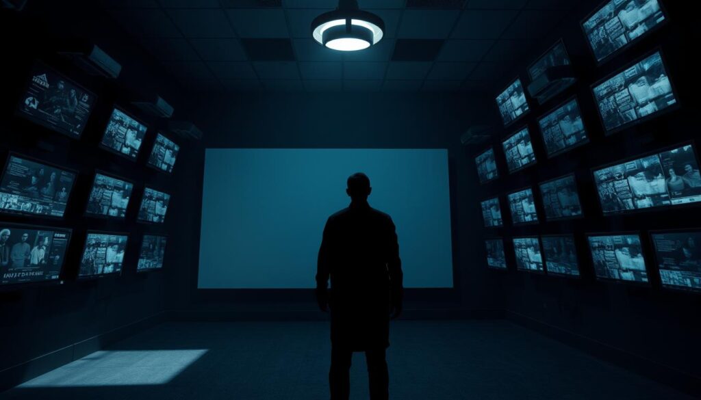 A dimly lit, claustrophobic interior with a heavy sense of isolation and control. Stark shadows cast by a single overhead light create an oppressive atmosphere, emphasizing the confined space. In the foreground, a solitary figure stands with their back turned, facing a blank wall, symbolizing the suppression of individual agency. Surrounding them, a grid of surveillance monitors displays fragmented feeds, suggesting the pervasive nature of information warfare and the loss of privacy. The color palette is muted, with a predominance of grays and blues, heightening the sense of detachment and psychological entrapment.