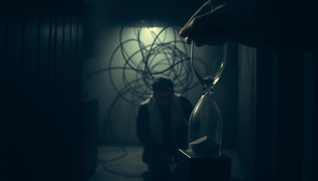 A dimly lit, claustrophobic room with a sense of unease and urgency. In the foreground, a hand grasping a dwindling hourglass, representing the finite nature of time and resources. The middle ground features a person entangled in a web of decisions, their expression conflicted, highlighting the psychological pressures of scarcity. The background is shrouded in a hazy, muted palette, evoking a sense of confinement and the overwhelming feeling of having limited options. Dramatic chiaroscuro lighting casts deep shadows, emphasizing the stark contrast between abundance and deprivation. The overall atmosphere conveys the dark, manipulative power of scarcity psychology.