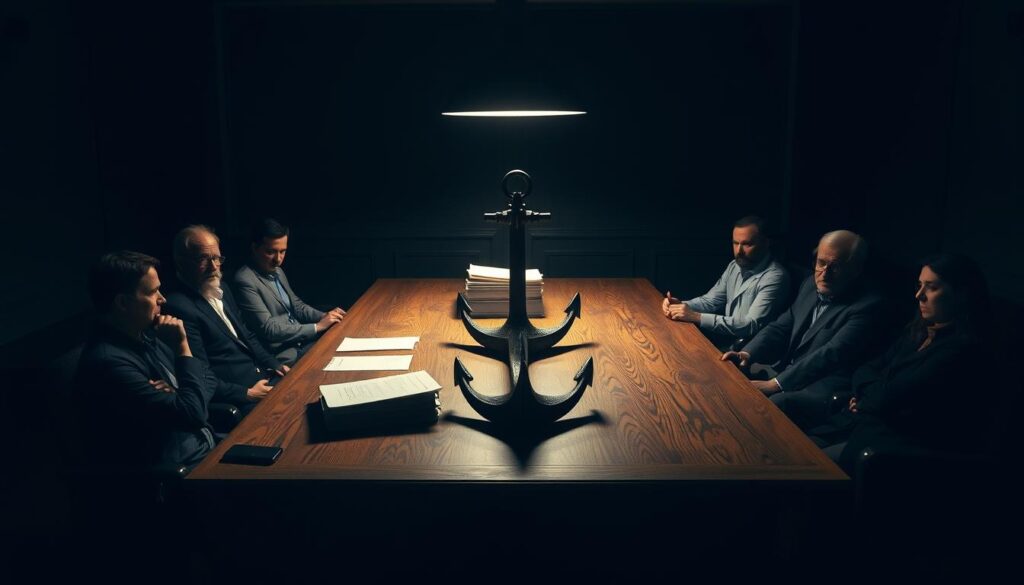 A dimly lit conference room with a imposing oak table at the center. On the table, a stack of documents and a large, heavy anchor sitting prominently, casting a long shadow across the surface. The participants, seated around the table, appear trapped, their expressions tense and uneasy, as if the anchor's presence is exerting an invisible force upon them. Dramatic lighting from a single overhead lamp creates dramatic shadows, heightening the sense of unease. The atmosphere is one of tension and power imbalance, reflecting the "psychology behind the trap" of the anchoring effect.