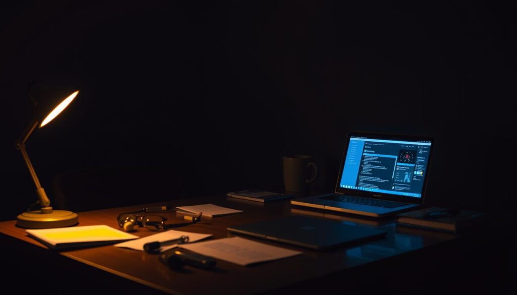 A dimly lit, gritty office scene. On the desk, an array of social media icons, symbols, and data visualizations, representing the tools of the manipulator's trade. Ominous shadows cast across the workspace, creating an atmosphere of unease and control. A lone laptop displays a feed of online interactions, the screen's blue glow highlighting the calculated, predatory nature of the manipulator's tactics. The room's decor is sparse, conveying a sense of clinical detachment - the manipulator's toolkit, devoid of empathy. Warm lighting from a single desk lamp cuts through the darkness, drawing the viewer's eye to the center of this unsettling environment.