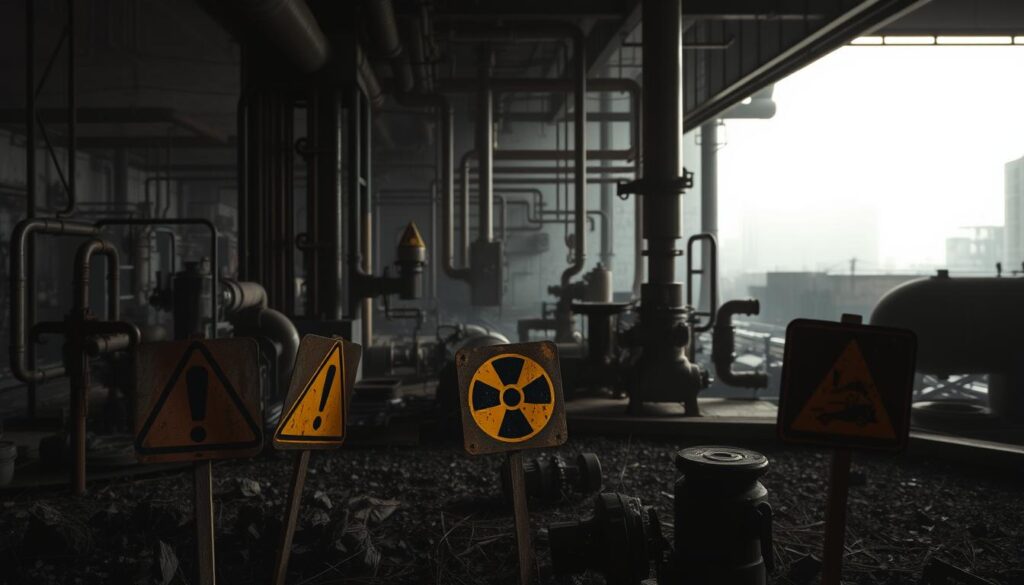 A dimly lit industrial setting, with a cluster of rusty metal warning signs scattered across the foreground. Each sign depicts a stark, stylized symbol - a lightning bolt, an exclamation point, a radioactive symbol - against a backdrop of peeling paint and weathered surfaces. The middle ground features a maze of pipes, valves, and machinery, casting ominous shadows. In the distance, a hazy, subdued light emanates from unseen sources, creating an atmosphere of unease and uncertainty. The overall composition suggests a sense of neglect, caution, and the lurking presence of hidden dangers.