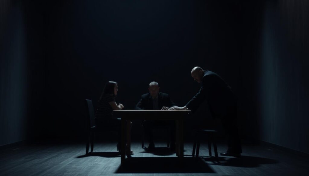 A dimly lit interrogation room, stark and unforgiving. In the center, a wooden table with two chairs, facing each other in a tense standoff. The background is blurred, emphasizing the focal point - a person sitting across from the interrogator, eyes darting, body language betraying their discomfort. The lighting is harsh, casting long shadows and creating a sense of unease. The interrogator leans forward, their gaze piercing, as they ask pointed, probing questions, testing the subject's responses for any sign of deception. The mood is tense, the atmosphere charged with suspicion and the search for truth.