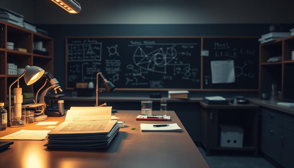 A dimly lit laboratory setting, with a central workbench illuminated by warm task lighting. On the workbench, a stack of research papers and lab notebooks, alongside scientific instruments like a microscope, petri dishes, and test tubes. In the background, a chalkboard displays complex equations and diagrams, hinting at the theoretical underpinnings of the "mere exposure effect." The atmosphere is one of focused, intellectual inquiry, evoking a sense of the rigorous research that has shaped our understanding of this psychological phenomenon. The camera angle is slightly elevated, giving a sense of observing the scene from an impartial, analytical perspective.