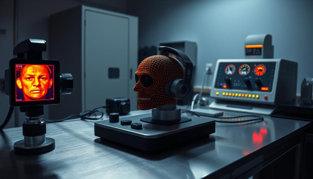 A dimly lit laboratory setting, with an assortment of cutting-edge lie detection devices arranged neatly on a sleek metal table. In the foreground, a high-resolution thermal imaging camera captures subtle facial expressions, while in the middle ground, a state-of-the-art electroencephalography (EEG) headset monitors brain activity. In the background, a polygraph machine stands as a testament to the historical roots of this field, its analog dials and paper readouts a contrast to the digital sophistication of the newer techniques. The overall atmosphere is one of scientific inquiry, with a sense of the precision and nuance required to reliably detect deception beyond the limitations of the traditional polygraph.