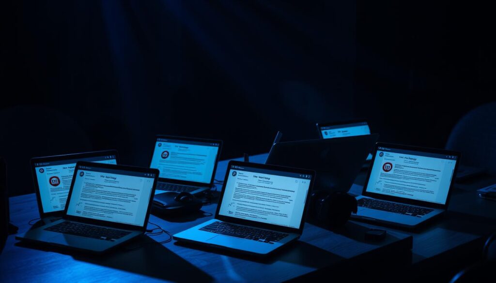 A dimly lit office desk, casting long shadows. Scattered on the surface, a collection of open laptop screens displaying suspicious-looking emails. Ominous phishing symbols and logos linger in the background, hinting at the nefarious nature of these cyber attacks. The scene is bathed in an eerie, bluish hue, creating an atmosphere of unease and heightened awareness. Shards of light pierce through the shadows, drawing attention to the unsettling details of these deceptive communications. The overall composition evokes a sense of the cognitive biases exploited by skilled manipulators seeking to compromise their targets.
