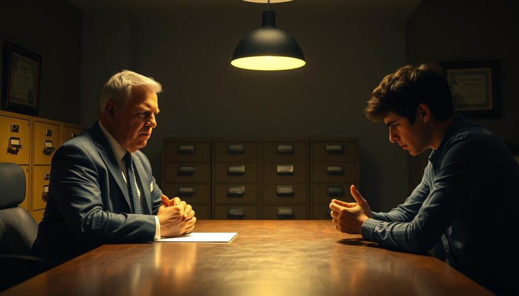 A dimly lit office scene, with a middle-aged man in a suit sitting across a table from a younger person. The man's expression is stern, his body language rigid, conveying a sense of authority and control. The younger person appears uncomfortable, their hands fidgeting, eyes downcast. The scene is bathed in a warm, yellowish light, casting dramatic shadows that emphasize the power dynamic. In the background, a row of filing cabinets and a framed diploma on the wall suggest a professional setting. The overall atmosphere evokes a tense, high-stakes negotiation or confrontation.