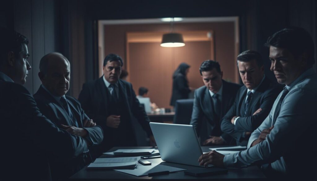 A dimly lit office setting, a closed-door meeting in progress. In the foreground, a group of business executives huddled together, their expressions tense and conspiratorial. Shadows cast across their faces, suggesting an atmosphere of secrecy and unease. In the middle ground, a desk cluttered with papers and a laptop, hinting at the exchange of sensitive information. The background is blurred, with a sense of unease and a looming sense of potential consequences. Soft, dramatic lighting casts dramatic shadows, heightening the sense of intrigue and manipulation. The overall mood is one of tension, power dynamics, and the covert exchange of rumors and secrets.