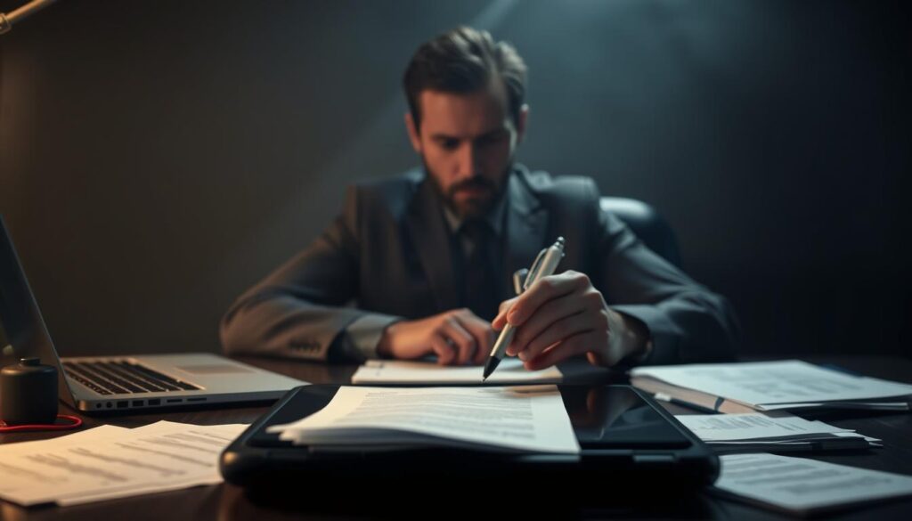 A dimly lit office setting, with a desk in the foreground featuring a laptop, scattered papers, and a pen hovering over a document. The middle ground showcases a person's face, their expression subtle yet uneasy, as they contemplate the documents. The background is hazy, suggesting an air of uncertainty and unease. The lighting is moody, casting shadows that accentuate the tension. The overall atmosphere conveys the first-minute signs of manipulation, where the viewer can sense the unfolding of a potentially deceptive situation.