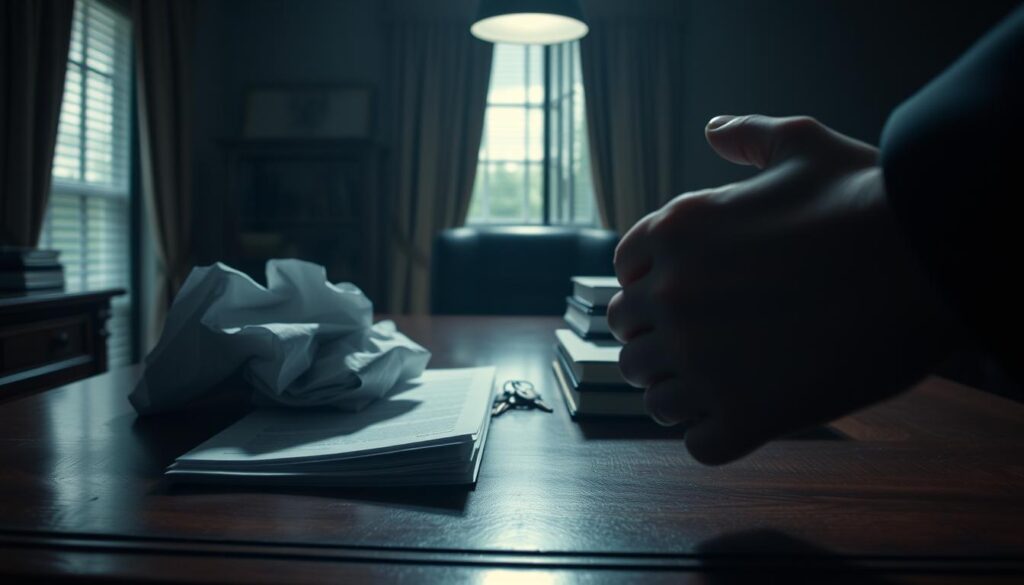 A dimly lit office space, the air thick with tension. On a mahogany desk, an array of intimidating items - a crumpled contract, a set of keys dangling ominously, and a stack of documents, their edges crisp and sharp. The lighting casts dramatic shadows, creating a sense of unease and foreboding. In the foreground, a pair of hands, fingers interlaced, exuding an aura of power and control. The background is blurred, suggesting a world outside that is oblivious to the manipulative tactics unfolding within this confined space.