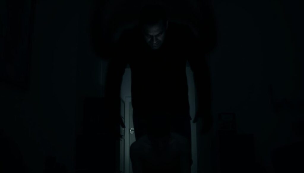 A dimly lit office space, the edges of the frame obscured in shadow. In the center, a figure looms over a smaller, cowering person, their face twisted into a menacing sneer. The larger figure casts a long, ominous shadow, enveloping the room in a sense of unease and manipulation. The smaller figure's expression conveys a mixture of confusion, fear, and self-doubt, as if their reality is being called into question. The lighting is harsh, creating sharp contrasts and emphasizing the power imbalance between the two. The overall atmosphere is one of psychological tension and gaslighting, where the truth is being distorted and the victim's perception of reality is being undermined.