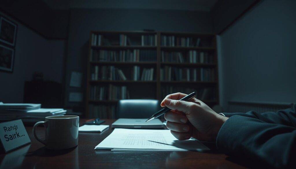A dimly lit office space, with a sense of unease and control. In the foreground, a desk with various objects - a nameplate, a coffee mug, and a stack of documents. On the desk, a pair of hands manipulates a pen, exerting a subtle yet powerful grip. In the middle ground, a bookshelf lines the wall, its contents casting long shadows that seem to reach out and envelop the scene. The lighting is soft, creating a sense of tension and intrigue. The angle is slightly low, suggesting a position of dominance and authority. The overall mood is one of quiet, calculating control, reflecting the deceptive nature of manipulation.