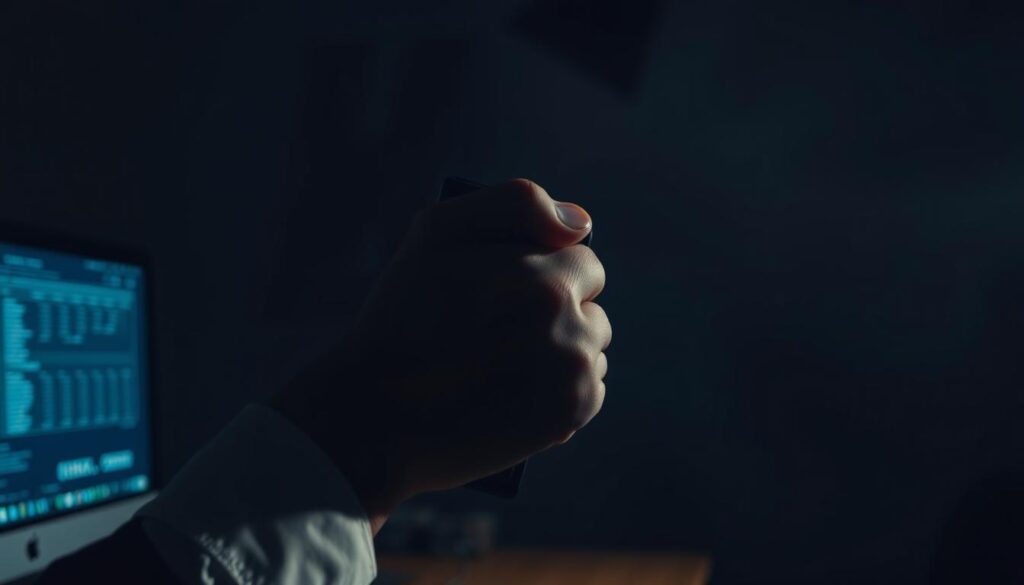 A dimly lit office, the only illumination coming from a computer screen casting an eerie glow. In the foreground, a hand grasps a wallet, the fingers slowly closing around it, symbolizing the insidious grip of financial control. The background is hazy, suggesting a sense of unease and the shadows of manipulation. The lighting is dramatic, creating sharp contrasts and emphasizing the weight of the scene. The camera angle is slightly low, adding to the feeling of power and dominance. The overall mood is one of tension, where money has become a tool of psychological influence and subjugation.