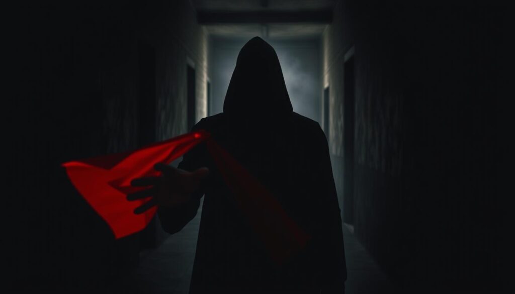 A dimly lit, ominous alley with shadows cast on the walls, creating an unsettling atmosphere. In the foreground, a sinister-looking figure stands, their face obscured by a hooded cloak, holding a set of red flags, symbolic of the dark psychology used by manipulators to seize power. The middle ground reveals the figure's outstretched hand, the red flags casting an eerie glow. In the background, a sense of foreboding lingers, with a hazy, fog-like mist adding to the overall sense of dread and unease. The lighting is a combination of low-key, dramatic chiaroscuro, with the red flags being the focal point, drawing the viewer's attention to the dark themes of the image.