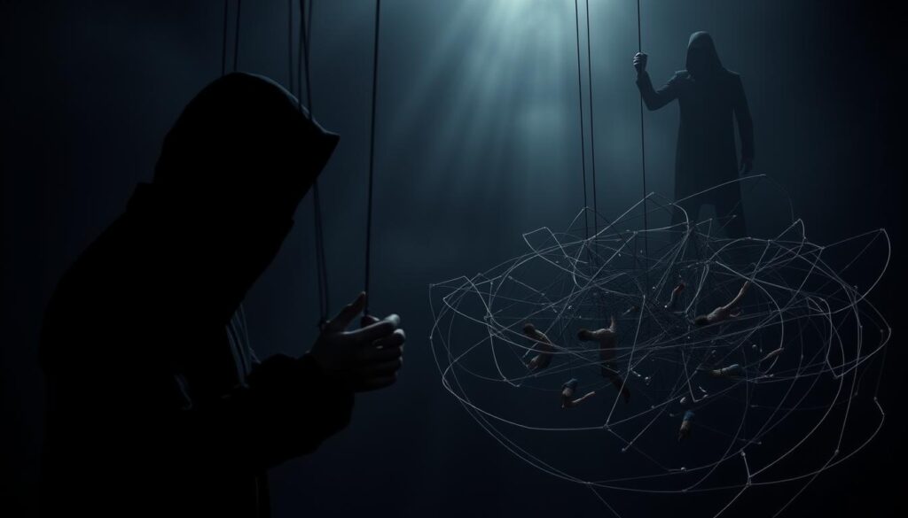 A dimly lit, ominous scene depicting the core tactics of emotional manipulation. In the foreground, a shadowy figure lurks, their face obscured, hands grasping the strings of a puppet. The middle ground reveals a tangled web of deceit, with people caught in a web of lies and emotional turmoil. In the background, a sinister silhouette looms, symbolizing the unseen manipulator pulling the strings. The scene is bathed in a somber, muted color palette, creating a sense of unease and foreboding. Dramatic lighting casts ominous shadows, emphasizing the malicious intent and the need to recognize and resist these tactics.