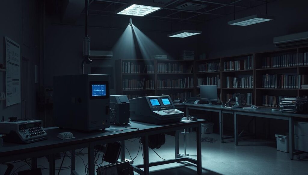 A dimly lit research laboratory, with an array of scientific instruments and equipment arranged on sturdy, steel-framed workbenches. The focal point is a sleek, state-of-the-art polygraph machine, its intricate circuitry and readout screens casting a soft, bluish glow. Beams of light from overhead lamps create dramatic shadows, adding depth and a sense of intensity to the scene. In the background, shelves of reference books and journals line the walls, hinting at the wealth of knowledge and ongoing exploration that fuels this field of study. The overall atmosphere is one of focused, intellectual pursuit, with a touch of mystery and the pursuit of truth.