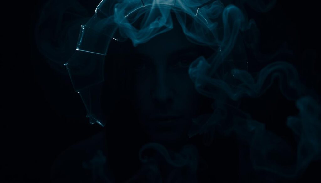 A dimly lit room, a figure shrouded in shadows, their gaze piercing and unrelenting. Subtle manipulations, a web of deceit, as reality bends to their will. Distorted reflections in a shattered mirror, fragments of truth obscured by a veil of denial. Tendrils of smoke curl, obscuring the path forward, leaving the viewer unsettled and uncertain. Harsh lighting casts harsh shadows, highlighting the sharp edges of a face that conceals more than it reveals. A sense of unease permeates the scene, inviting the viewer to question the nature of reality itself.