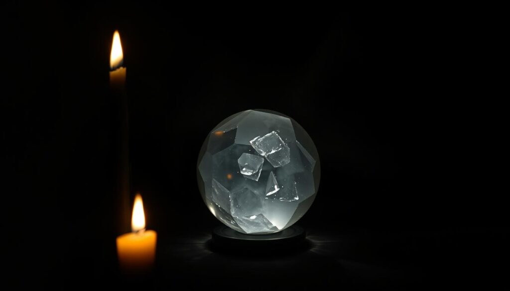A dimly lit room, cast in the shadows of a single flickering candle. In the center, a glowing crystal sphere, its facets refracting fragments of truth, obscuring the full picture. Surrounding the sphere, a hazy veil of half-truths, their edges blurred, edges of deception creeping in. The light from the candle casts long, distorted shadows, warping the perception of reality. The atmosphere is somber, ominous, a sense of unease permeating the scene. The camera angle is slightly tilted, adding to the unsettling nature of the composition. The lighting is dramatic, creating deep contrasts and emphasizing the interplay of truth and falsehood.
