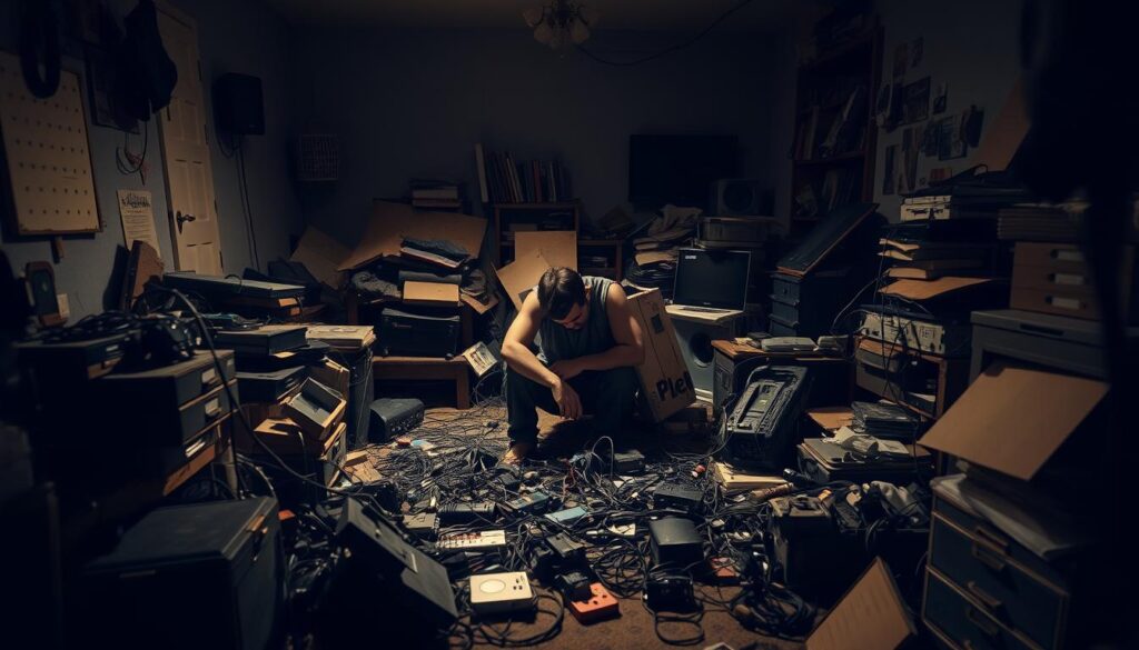 A dimly lit room, cluttered with half-finished projects and piles of discarded items. In the center, a person sits hunched over, surrounded by a tangle of wires and broken electronics - the sunk cost fallacy in action. Soft, warm lighting casts shadows that hint at the emotional turmoil, as the individual struggles to let go of the past investments, unable to see the futility of continuing down this path. The atmosphere is one of uncertainty and a sense of being trapped, a visual representation of the classic examples that reveal the insidious nature of the sunk cost fallacy.
