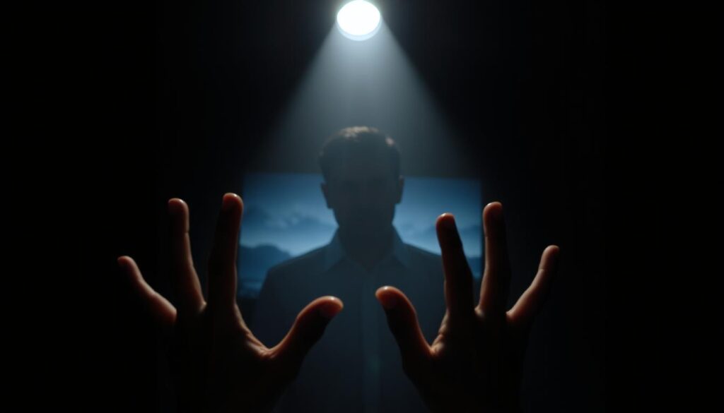 A dimly lit room, illuminated by a single spotlight that casts subtle shadows across the scene. In the foreground, a pair of hands gently gesturing, subtly manipulating the viewer's perception, like a skilled illusionist planting seeds of suggestion. The middle ground features a person with a mysterious, almost hypnotic gaze, their expression conveying a sense of control and authority. In the background, a hazy, dreamlike landscape, hinting at the subconscious realm where ideas take root. The overall atmosphere is one of intrigue, subtlety, and the power of persuasion.