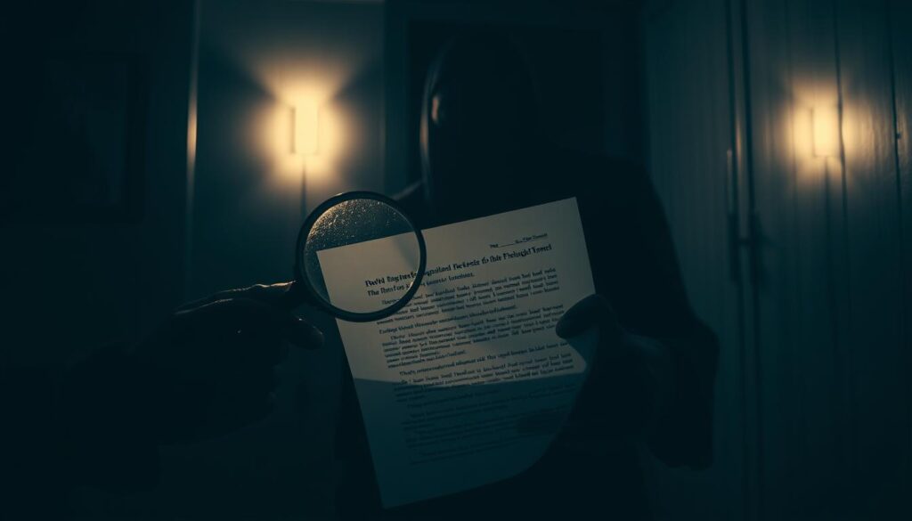 A dimly lit room, partially illuminated by a single flickering light. In the foreground, a pair of hands, one holding a magnifying glass, the other clutching a document. The text on the document is partially obscured, hinting at the concealment of truth. In the background, a shadowy figure stands, their face obscured, suggesting the orchestration of this deception. The atmosphere is tense, unsettling, inviting the viewer to question the hidden motives and unspoken implications. The scene conveys the essence of half-truths, omission, and spin - a visual representation of the manipulation at the heart of this subject.