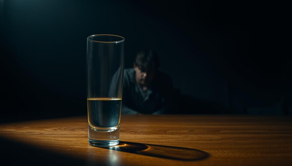A dimly lit room, shadows cast across a deceptive tableau. In the foreground, a half-empty glass, a casual gesture concealing a deeper truth. The middle ground reveals a figure, head bowed, eyes averted - the essence of lying by omission, a subtle refusal to acknowledge. Atmospheric lighting casts an air of unease, as if the very walls conspire to obscure. The background fades into an indistinct haze, hinting at the complexities of manipulation, the art of concealment through selective disclosure.