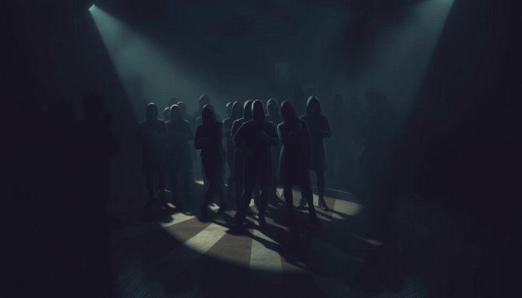 A dimly lit room, shadows cast across the floor and walls, conveying a sense of unease. In the center, a group of figures huddled together, their faces obscured, bodies moving in unison - a visual representation of the bandwagon effect. The lighting is hazy, lending an atmosphere of mystery and manipulation. The figures are rendered in a realistic, yet slightly unsettling style, their actions suggesting a loss of individual agency. The background is muted, with hints of a larger, indistinct crowd, emphasizing the pull of conformity. The overall image evokes the dark psychological aspects of the bandwagon effect, where individuals become swept up in the momentum of the crowd, losing their sense of independent thought and decision-making.