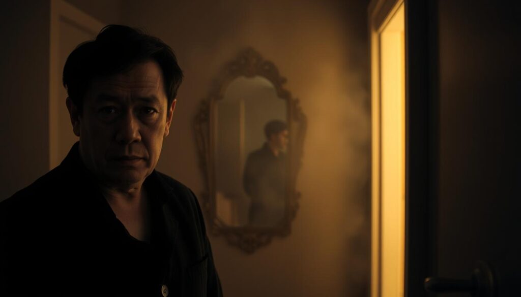 A dimly lit room, shadows cast across the walls, a narcissist's subtle manipulations unfolding. In the foreground, a figure gazes intently, their expression shifting between concern and condescension. Surrounding them, a haze of uncertainty and doubt, as reality becomes obscured. In the middle ground, a mirror reflects a distorted image, a metaphor for the victim's fragmented sense of self. The background fades into a dreamlike blur, the atmosphere heavy with psychological tension. Warm lighting casts an eerie glow, while a wide-angle lens emphasizes the sense of enclosure and claustrophobia. This is the realm of the gaslighter, where truth and perception collide, leaving the vulnerable trapped in a web of deception.
