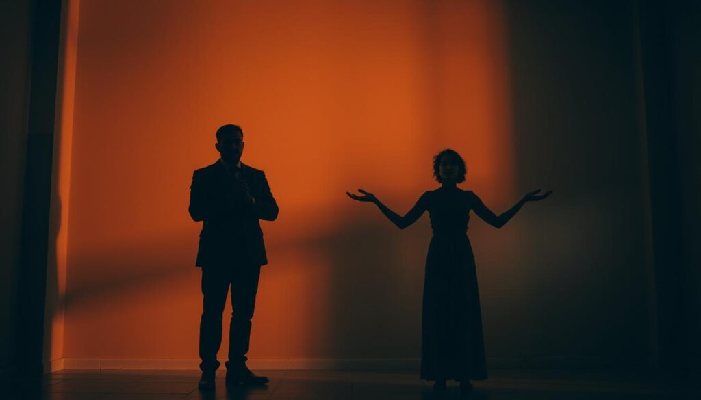 A dimly lit room, shadows cast upon the walls. In the foreground, two figures stand in stark contrast - one imposing, the other poised and balanced. The dominant figure looms over, hands grasped in a gesture of control, while the other radiates a calm, centered presence, arms open in a posture of collaboration. Soft, warm lighting illuminates the scene, emphasizing the tension between the two approaches to power. The background is hazy, suggesting the ubiquity of this dynamic in relationships. A sense of unease and contemplation pervades the atmosphere, inviting the viewer to ponder the nuances of "power over" and "power with" in the modern era.