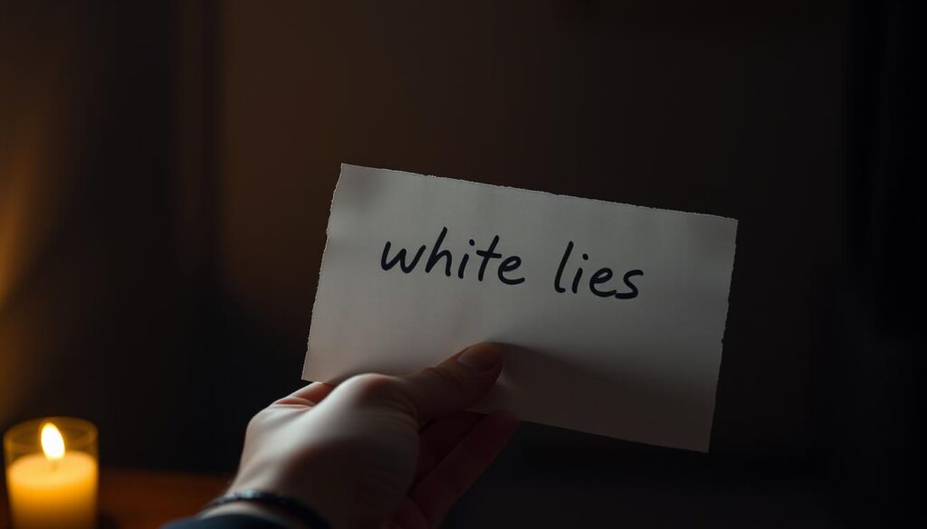 A dimly lit room, soft shadows cast upon the walls, a hazy atmosphere of uncertainty. In the foreground, a hand delicately holding a sheet of paper, its surface reflecting the faint glow of a single candle flame. The paper's edges are slightly crumpled, hinting at the weight of the words it holds - "white lies" scrawled across its surface in a nervous, hesitant script. The background is blurred, suggesting the isolation and isolation of the moment, the subject's mind consumed by the consequences of these seemingly harmless deceptions. The lighting is warm and muted, creating a sense of introspection and unease, as if the viewer is privy to a private moment of self-reflection on the nature of honesty and trust.