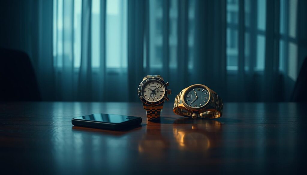 A dimly lit room, the air heavy with an air of mystery. In the center, three objects sit on a polished wooden table - a sleek black smartphone, a simple silver watch, and a large, opulent golden watch. The contrast between the three items is stark, drawing the eye to the golden timepiece, the "decoy" designed to make the silver watch appear more appealing by comparison. Soft, dramatic lighting casts dramatic shadows, emphasizing the depth and texture of each object. The scene is captured from a slightly elevated angle, giving a sense of detachment and objectivity, inviting the viewer to ponder the psychology at play. This is the "decoy effect" - a subtle manipulation of choice through the introduction of an asymmetric dominance.
