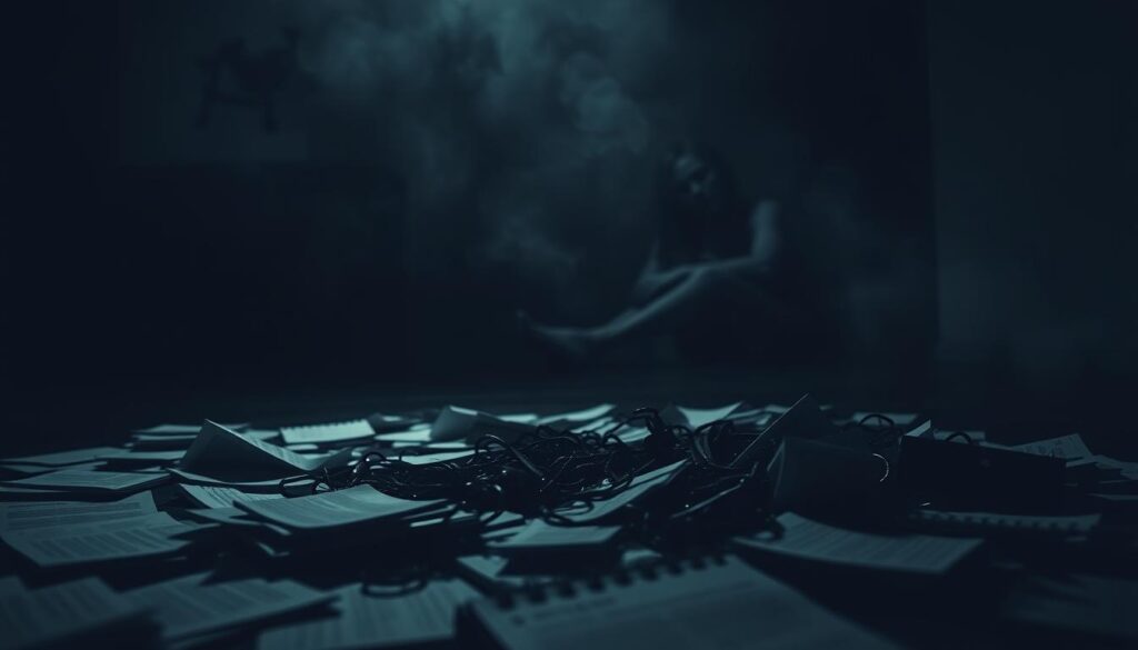 A dimly lit room, the air thick with tension. In the foreground, an array of topics lie scattered - a tangled web of deception, hidden agendas, and the masks we wear in relationships. The middle ground is a hazy, abstract representation of the complexities of communication, the subtle nuances that can conceal the truth. In the background, a shadowy figure lurks, a silent observer of the emotional minefield that unfolds. The lighting is low and moody, casting deep shadows that obscure the true nature of these "topics." The composition is asymmetrical, with elements of unease and discomfort, reflecting the unsettling nature of the subject matter. An unsettling, yet thought-provoking scene, inviting the viewer to delve deeper into the hidden lies that plague relationships.