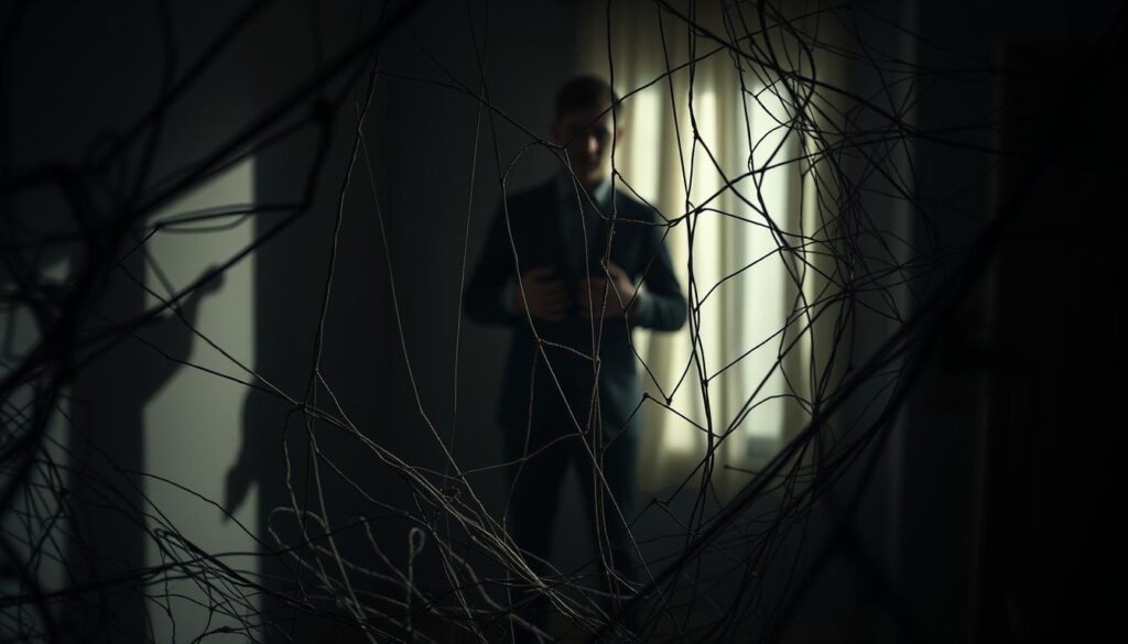 A dimly lit room, the atmosphere thick with tension. In the foreground, a twisted, tangled web of deceit, with threads of manipulation and control weaving through. Distorted shadows cast across the walls, obscuring the truth. In the middle ground, a figure stands, their expression unreadable, hands pulling the strings. The background is a blur of uncertainty, where reality and illusion blend seamlessly, leaving the observer disoriented and unsure. A sense of unease permeates the scene, hinting at the complex and unsettling nature of manipulative relationships. Soft, dramatic lighting illuminates the narrative, creating a sense of foreboding and the unseen.