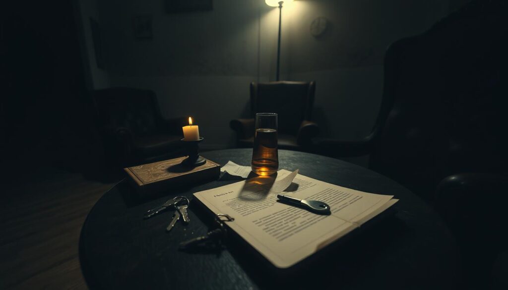 A dimly lit room, the corners shrouded in shadows, a single light source casting an eerie glow. In the center, a table with a scattered array of objects: a tattered journal, a crumpled letter, a set of keys, and a half-empty glass of amber liquid. The atmosphere is tense, the air thick with unspoken truths. The camera angle is low, emphasizing the weight of the scene, drawing the viewer into the unfolding narrative. Subtle details like the flickering candle, the worn leather chair, and the muted color palette evoke a sense of unease, hinting at the underlying deception. This is a scene of "early warning signs truth," a visual representation of the telltale seams in convincing lies.
