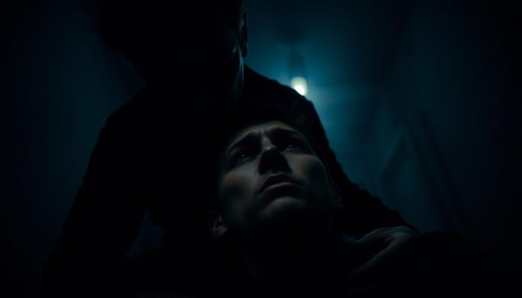 A dimly lit room, the shadows cast by a single, flickering light source. In the foreground, a figure looming over another, their expression cold and unreadable. The victim's face is etched with confusion and distress, as if questioning their own reality. The background is hazy, with a sense of isolation and disconnection, emphasizing the emotional turmoil. The composition is tightly framed, creating a claustrophobic atmosphere, the lens distorting the scene to heighten the sense of psychological manipulation. Muted colors and a somber palette reinforce the heavy, oppressive mood, while the low-angle perspective suggests the victim's vulnerability and the aggressor's dominance.