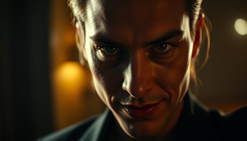 A dimly lit room, the subject's face in sharp focus, eyes locked with the viewer. Soft, flattering lighting illuminates their features, creating a sense of intimacy and intensity. The background is blurred, drawing all attention to the penetrating gaze. The subject's expression is calculated, a subtle smile hinting at hidden motives. The lens captures a dramatic, almost cinematic angle, emphasizing the power dynamics at play. This image conveys the subtle, manipulative nature of eye contact, a tool used to captivate and control the minds of others.