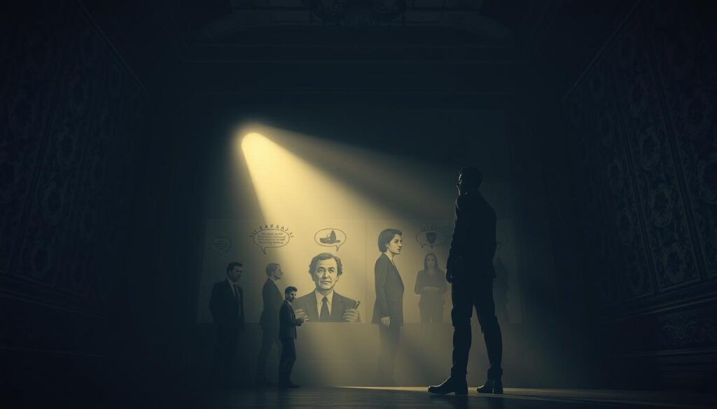 A dimly lit room, the walls adorned with intricate patterns and textures, casting subtle shadows. In the foreground, a figure stands tall, their posture conveying authority and an unwavering gaze, symbolizing the ability to recognize and resist manipulative tactics. The middle ground showcases a series of visual cues, such as subtle body language and facial expressions, hinting at the nuances of interpersonal power dynamics. The background is shrouded in a soft, hazy light, suggesting the need for vigilance and a clear-eyed understanding of the world around us. The overall composition evokes a sense of strength, awareness, and the power to maintain one's own hierarchy in the face of manipulative influences.