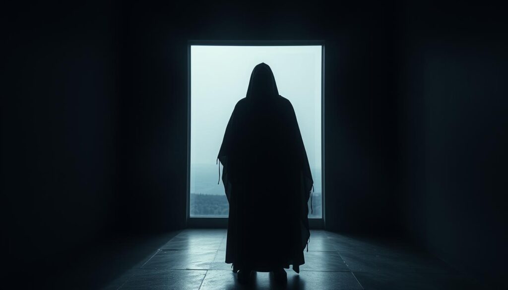 A dimly lit room, the walls fading into shadows, with a lone figure standing at the center, their expression obscured by a shadowy veil. The lighting casts an ominous glow, casting uncertain shadows that seem to shift and distort the boundaries of reality. The figure appears to be shrouded in a cloak of uncertainty, their true nature hidden from view. The background is a hazy, indistinct landscape, suggesting a sense of isolation and disconnection from the outside world. The overall atmosphere evokes a sense of unease, as if the viewer is being drawn into a world where the lines between truth and illusion are blurred.